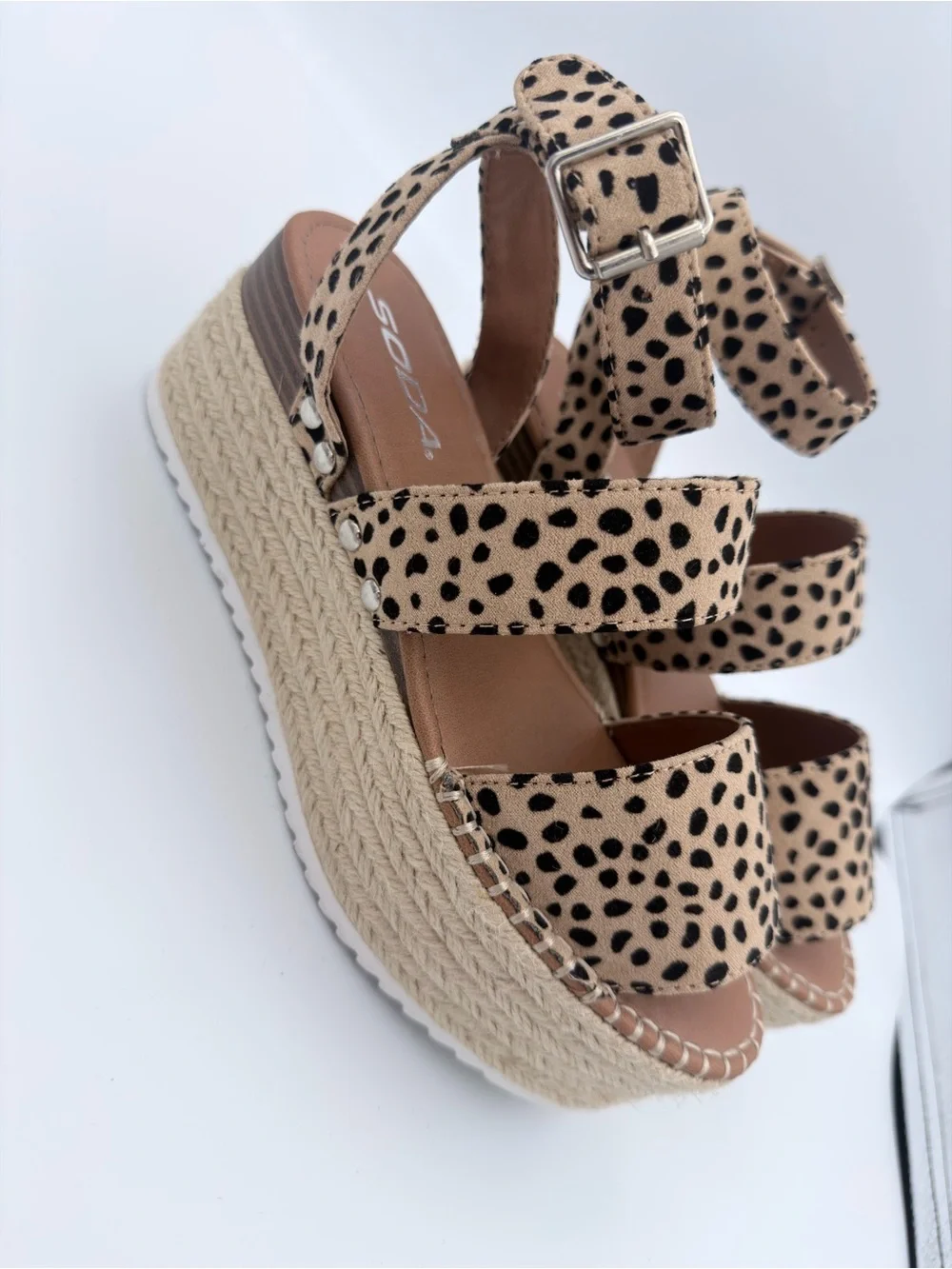 Cheetah Espadrille Flatform Sandal Ankle Strap Platform Wedge Soda Size 6 Beach